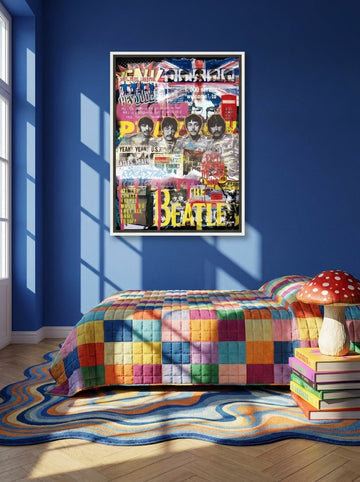 Canvas wall art with a white surround styled on the wall in a colourful eclectic bedroom