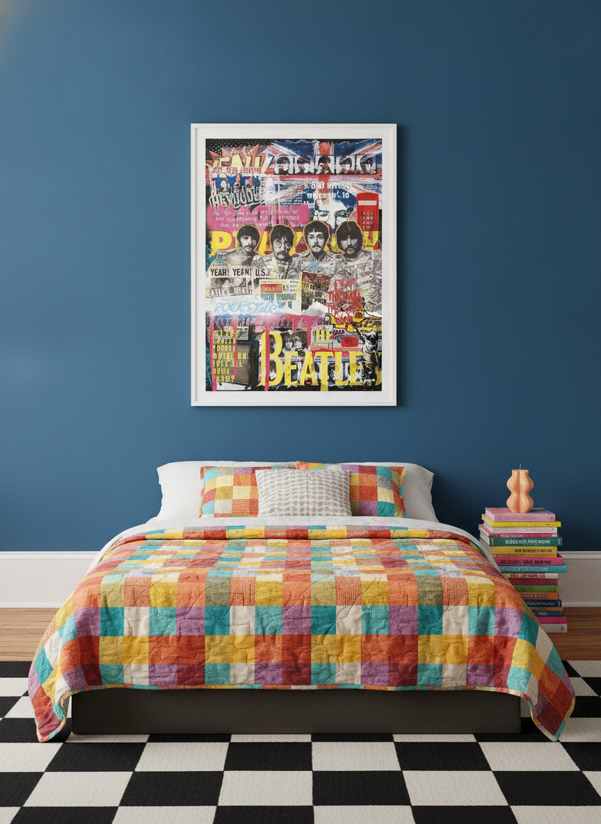 Modern wall art print styled on the wall in a colourful eclectic bedroom