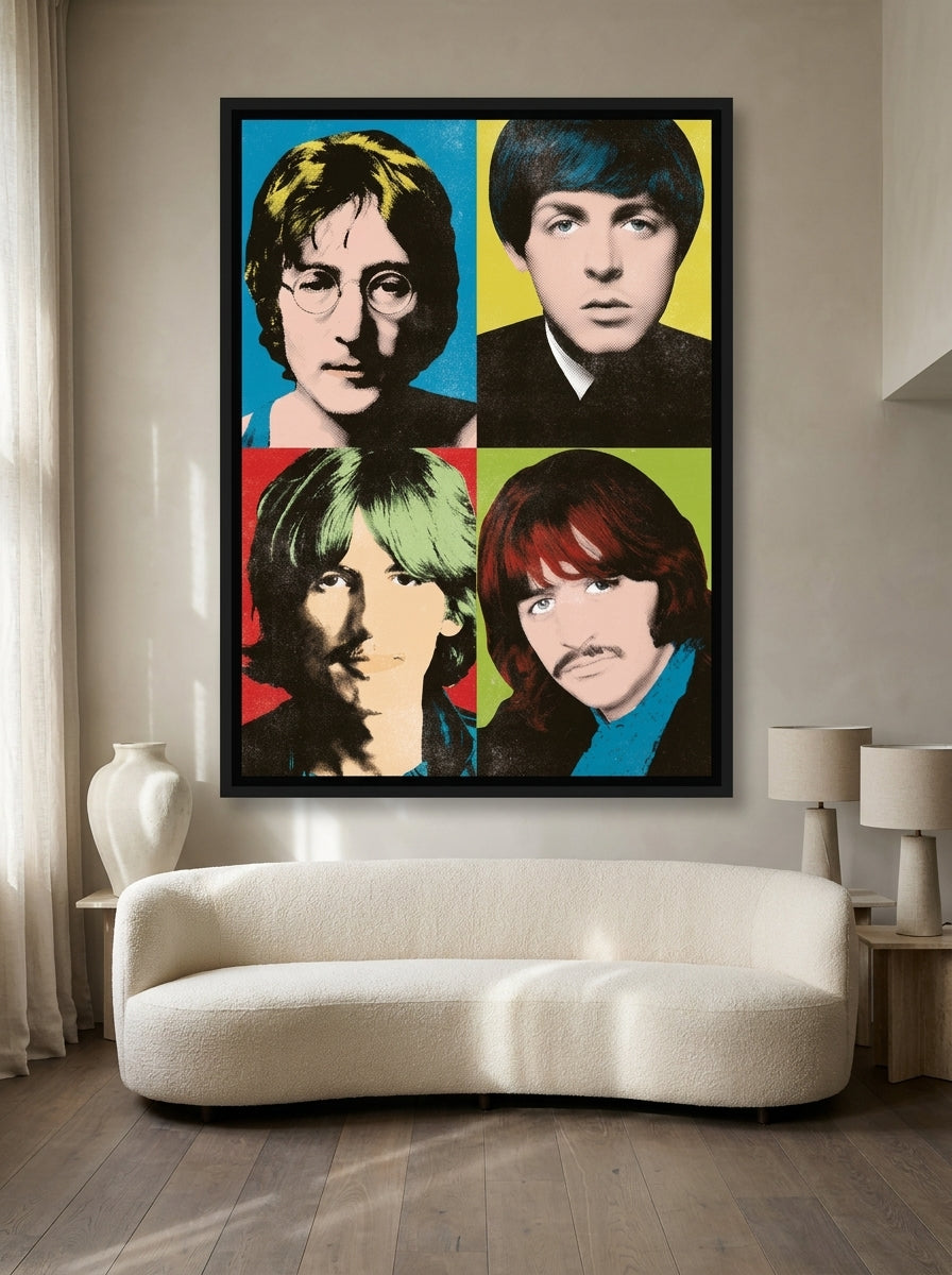 Oversized statement canvas wall art with a black surround styled on the wall in a luxe living room