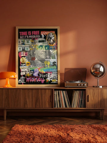 Modern wall art print standing on a sideboard in a retro 70s living room
