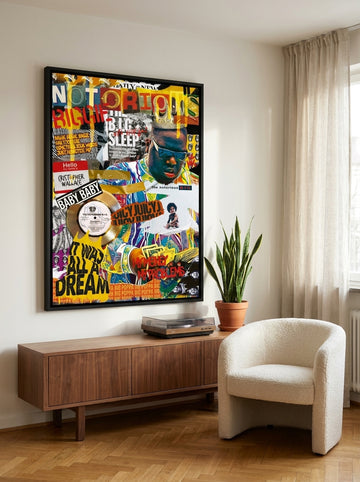 Oversized statement canvas wall art with a black surround styled on the wall in a mid-century living room