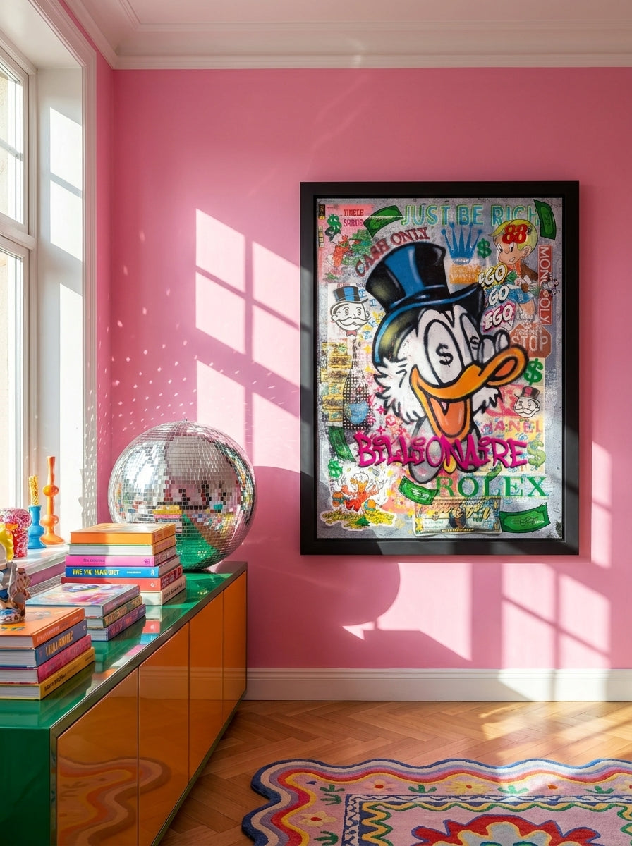 Oversized statement modern wall art print styled on the wall in a colourful eclectic living room