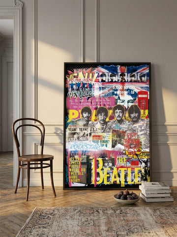 Oversized statement canvas wall art with a black surround leaning against the wall in a Parisian living room