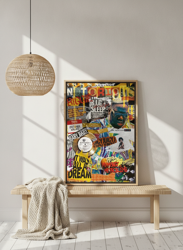 Canvas wall art with a natural timber surround standing on a bench in a bright Scandinavian bedroom