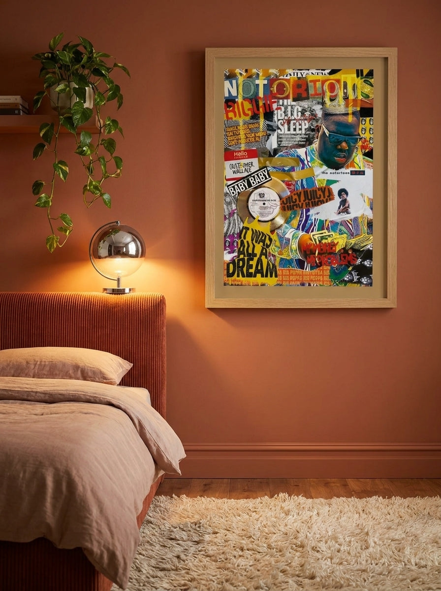 Modern wall art print styled on the wall in a retro 70s bedroom