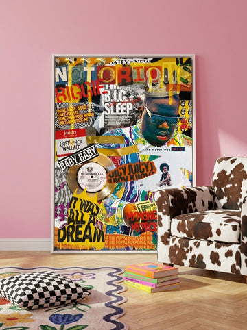 Canvas wall art with a white surround leaning against the wall in a colourful eclectic living room