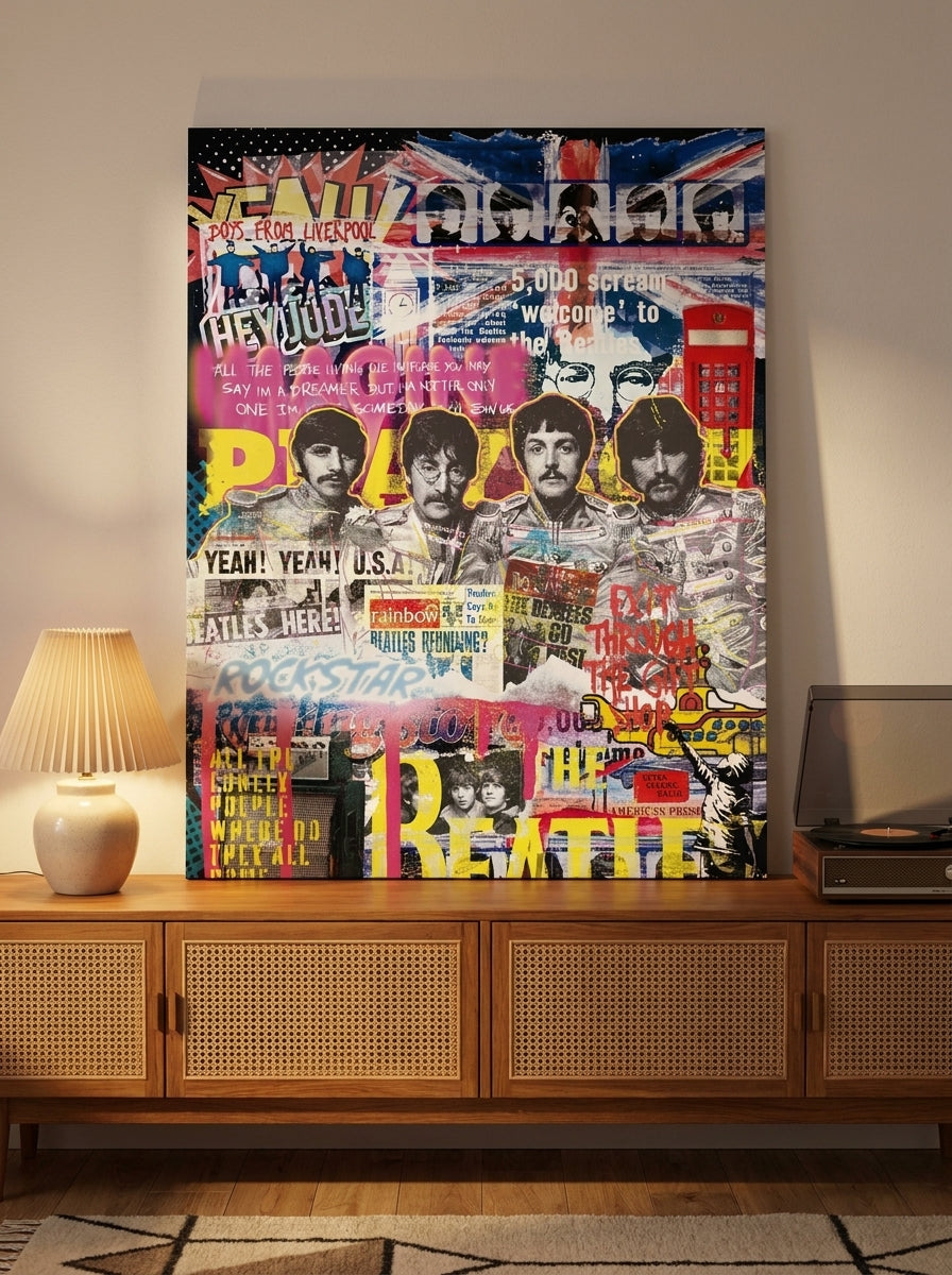 Stretched canvas wall art standing on a sideboard in a mid-century home office