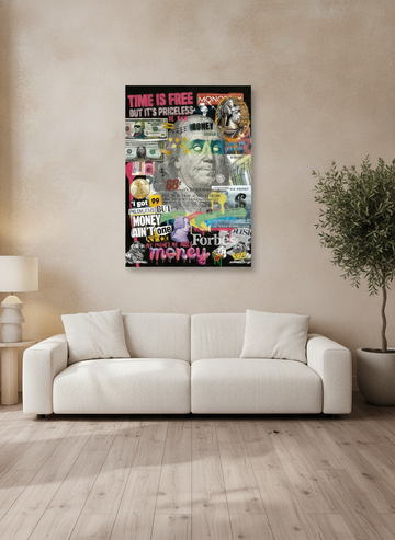 Stretched canvas wall art styled on the wall in a luxe living room