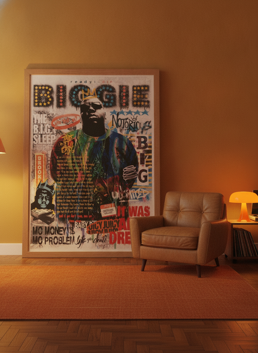 Oversized statement modern wall art print leaning against the wall in a retro 70s living room
