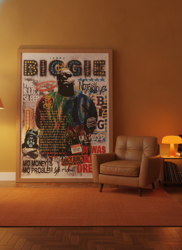 Oversized statement modern wall art print leaning against the wall in a retro 70s living room