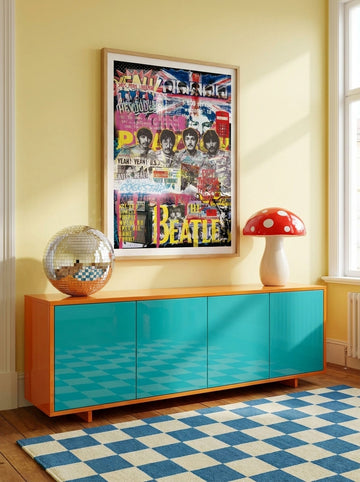 Modern wall art print styled on the wall in a colourful eclectic living room