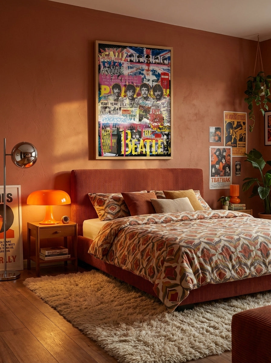 Modern wall art print styled on the wall in a retro 70s bedroom