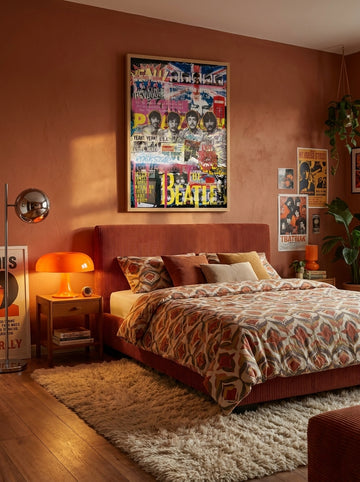 Modern wall art print styled on the wall in a retro 70s bedroom