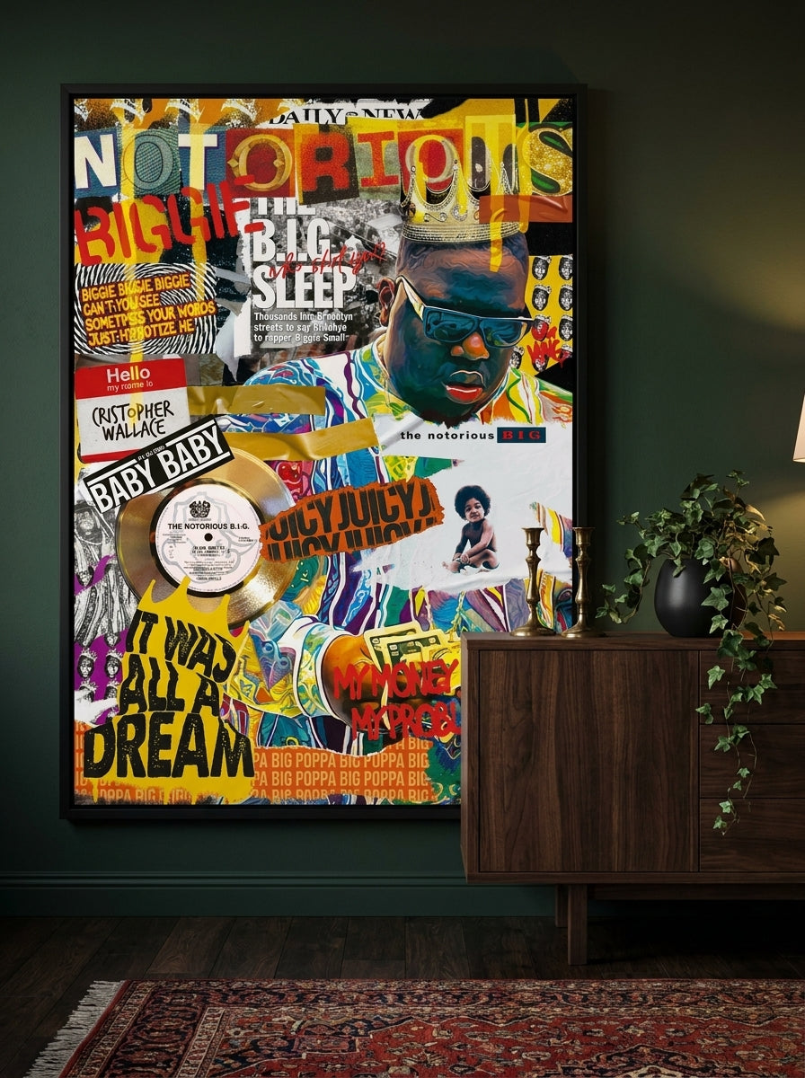 Oversized statement modern wall art print styled on the wall in a moody living room