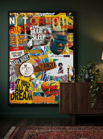 Oversized statement modern wall art print styled on the wall in a moody living room