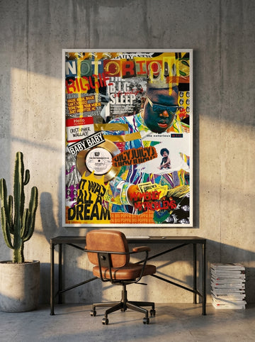 Modern wall art print styled on the wall in an industrial loft home office