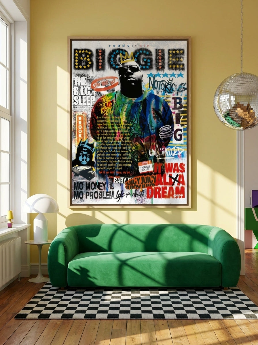 Oversized statement canvas wall art with a natural timber surround styled on the wall in a colourful eclectic living room