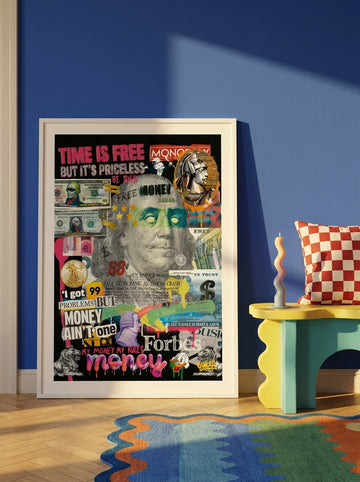 Oversized statement modern wall art print leaning against the wall in a colourful eclectic living room