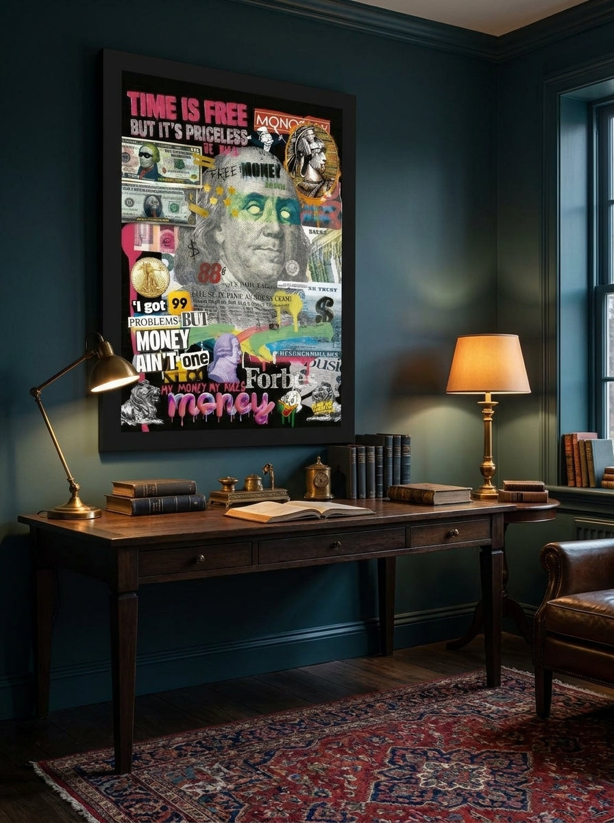 Modern wall art print styled on the wall in a moody home office