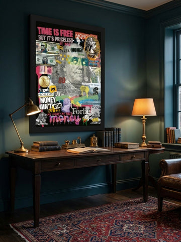 Modern wall art print styled on the wall in a moody home office