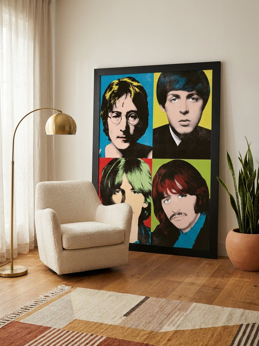 Oversized statement modern wall art print leaning against the wall in a mid-century living room