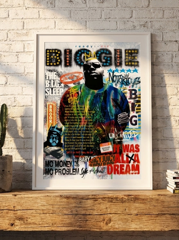 Modern wall art print standing on a bench in an industrial loft home office