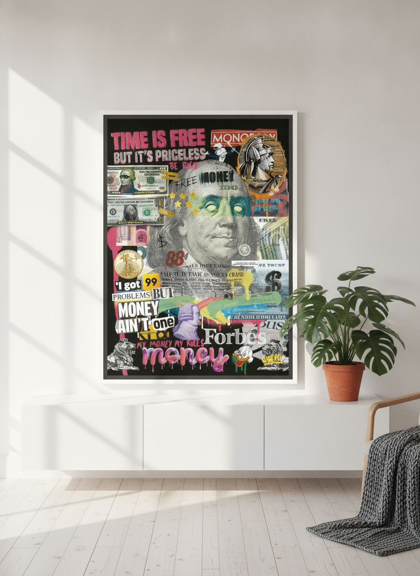 Canvas wall art with a white surround standing on a sideboard in a bright Scandinavian living room
