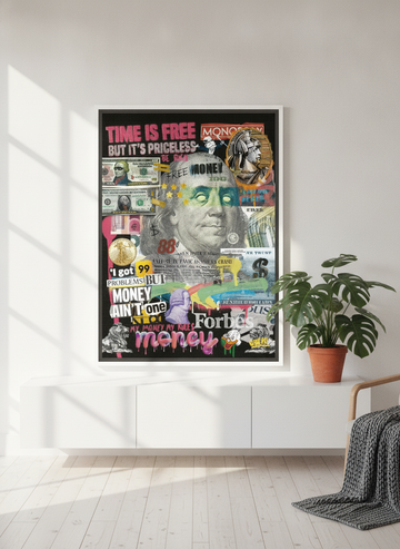 Canvas wall art with a white surround standing on a sideboard in a bright Scandinavian living room