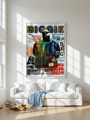 Oversized statement canvas wall art with a white surround styled on the wall in a coastal living room