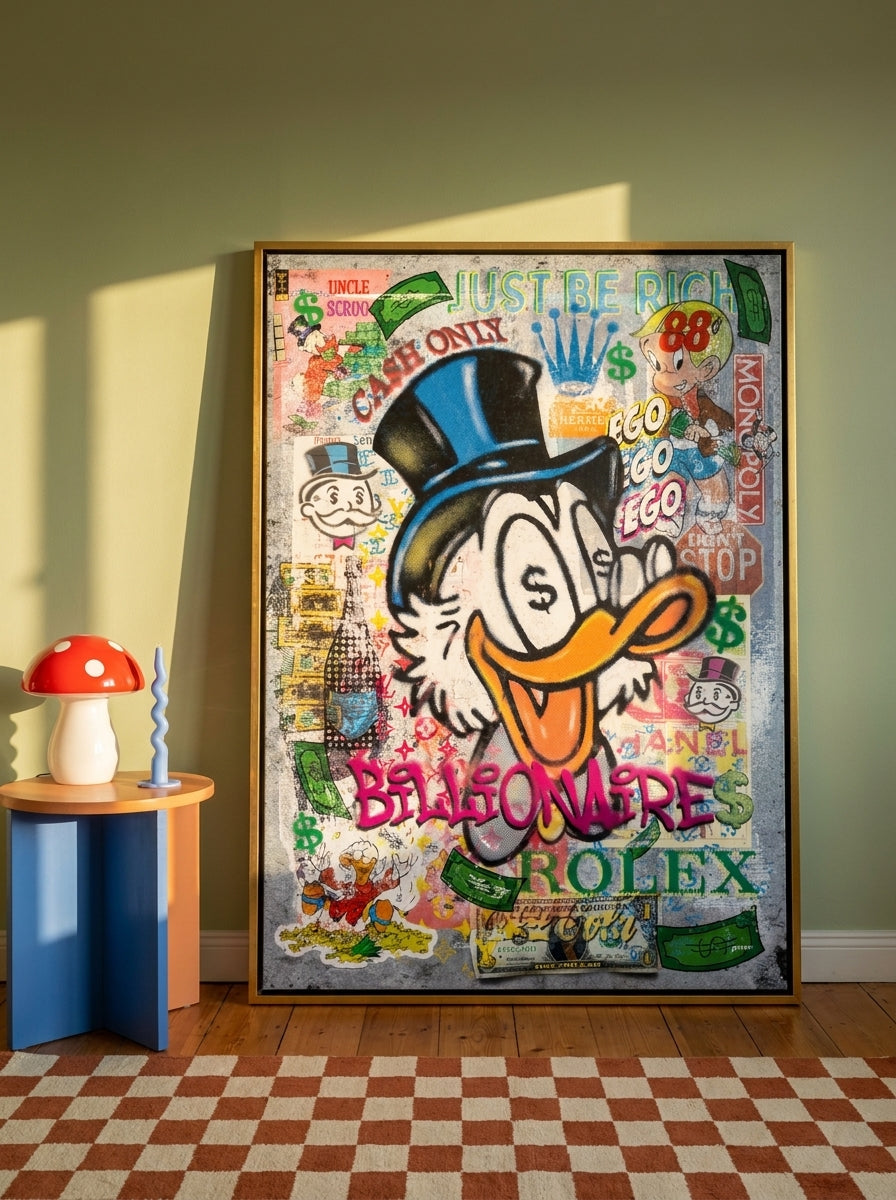 Oversized statement canvas wall art with a gold leaf surround leaning against the wall in a colourful eclectic dining room