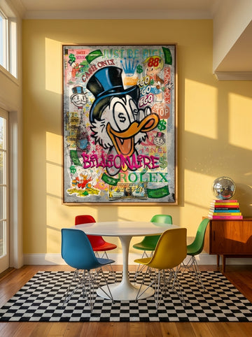 Oversized statement canvas wall art with a natural timber surround styled on the wall in a colourful eclectic dining room