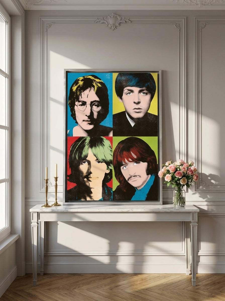 Canvas wall art with a silver leaf surround standing on a console in a Parisian bedroom