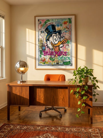Modern wall art print styled on the wall in a retro 70s home office