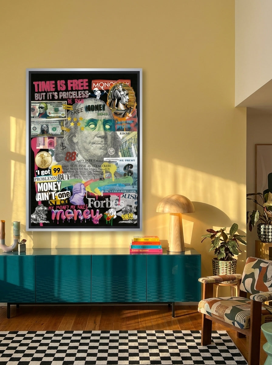 Oversized statement canvas wall art with a silver leaf surround styled on the wall in a colourful eclectic living room