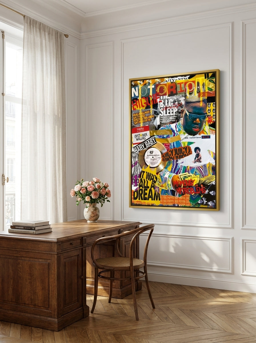 Oversized statement canvas wall art with a gold leaf surround styled on the wall in a Parisian home office
