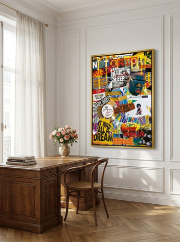 Oversized statement canvas wall art with a gold leaf surround styled on the wall in a Parisian home office