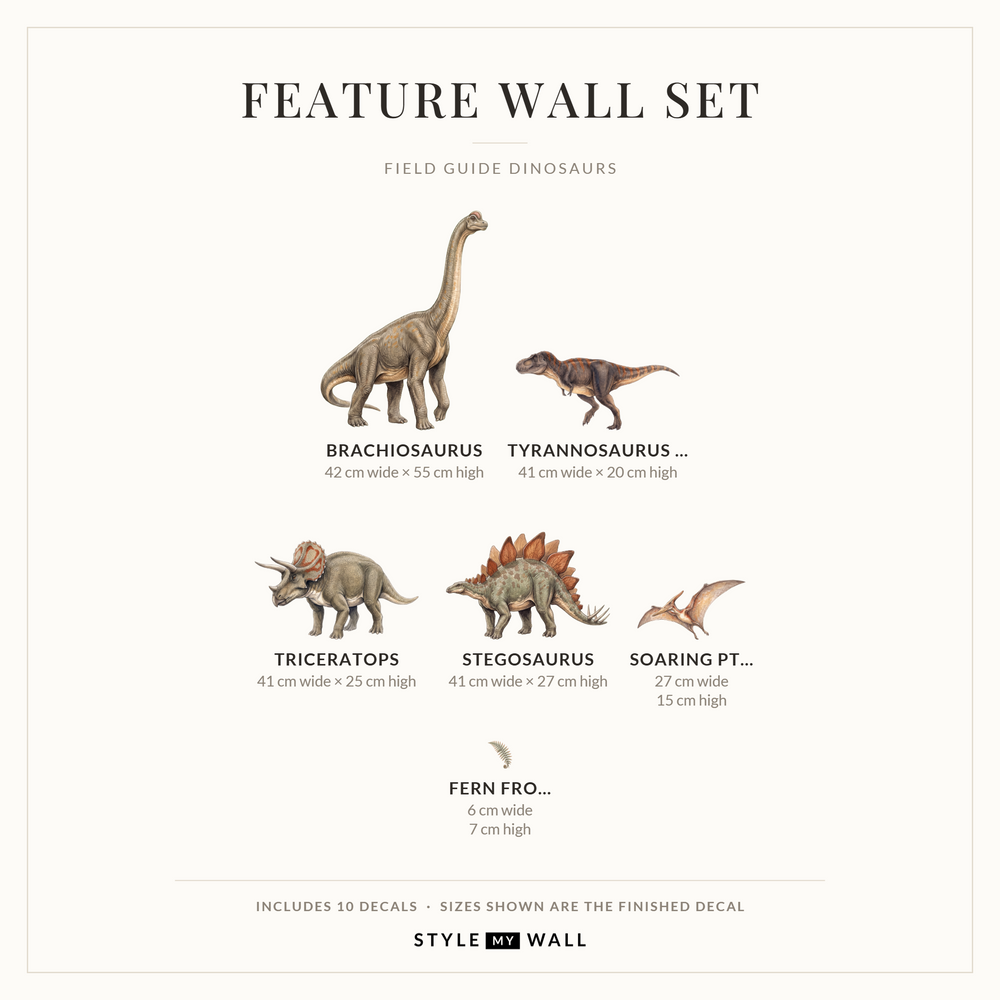 Field Guide Dinosaurs Wall Sticker Decals: Feature Wall Set sizes
