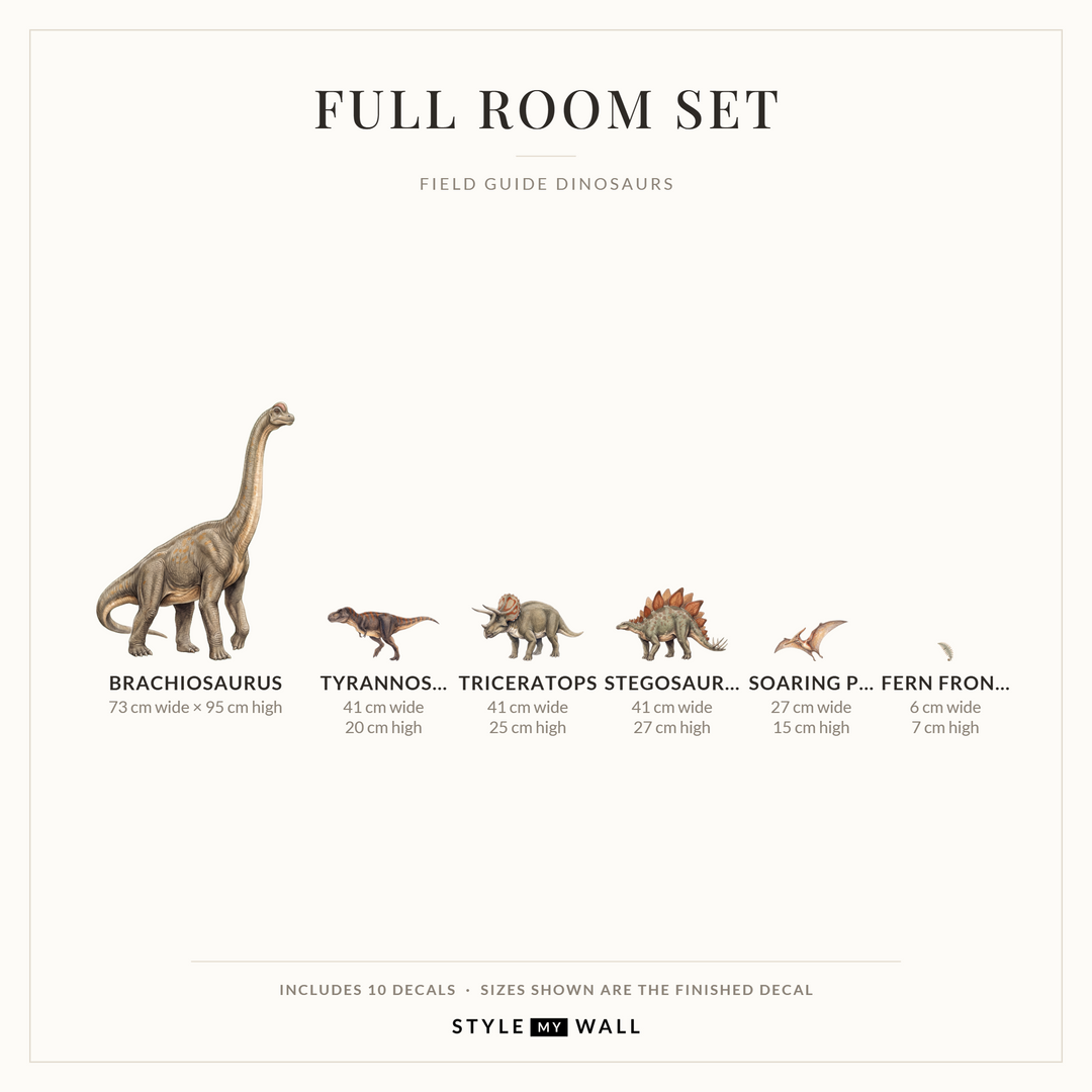 Field Guide Dinosaurs Wall Sticker Decals: Full Room Set sizes