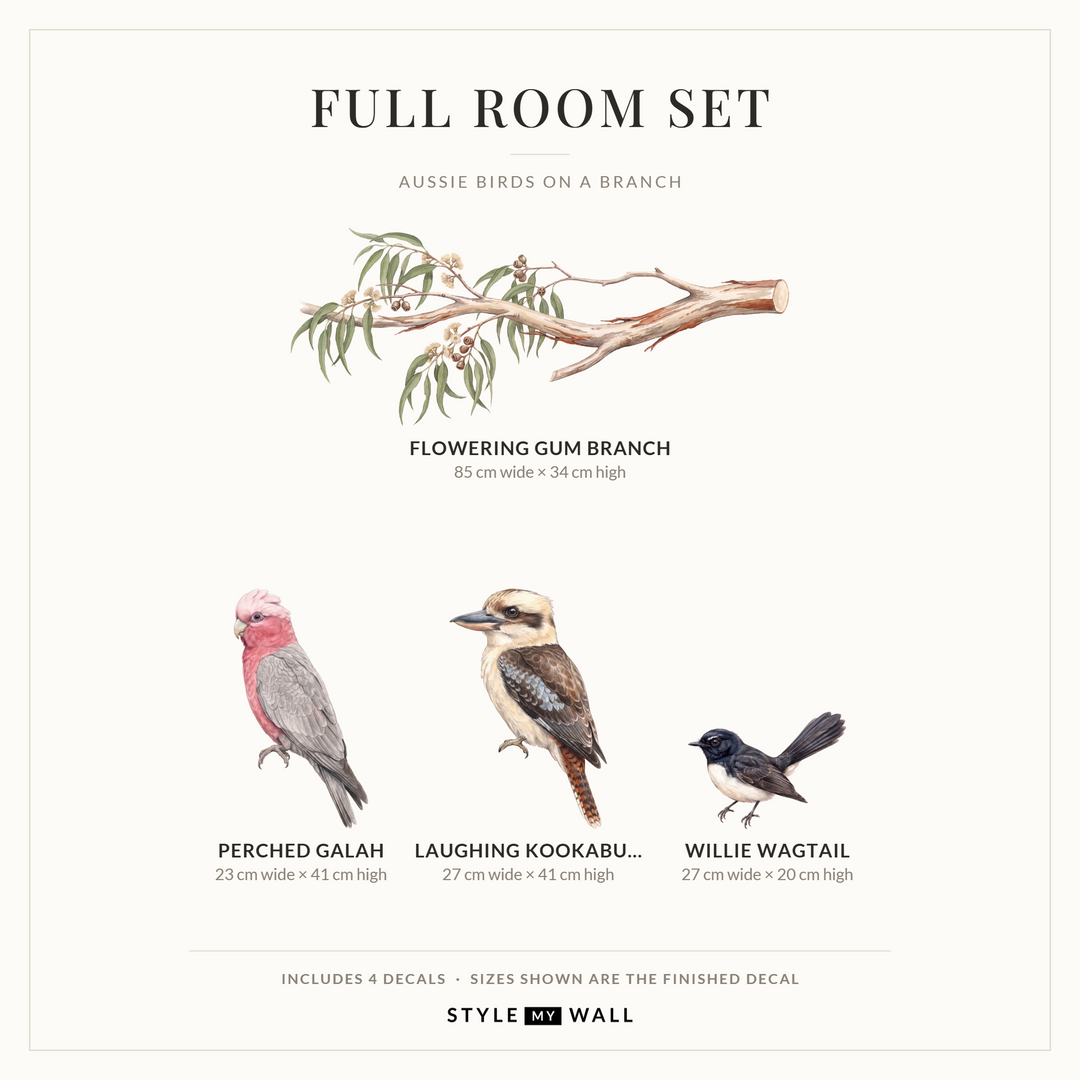 Aussie Birds on a Branch Wall Decals Wall Sticker Decals: Full Room Set sizes