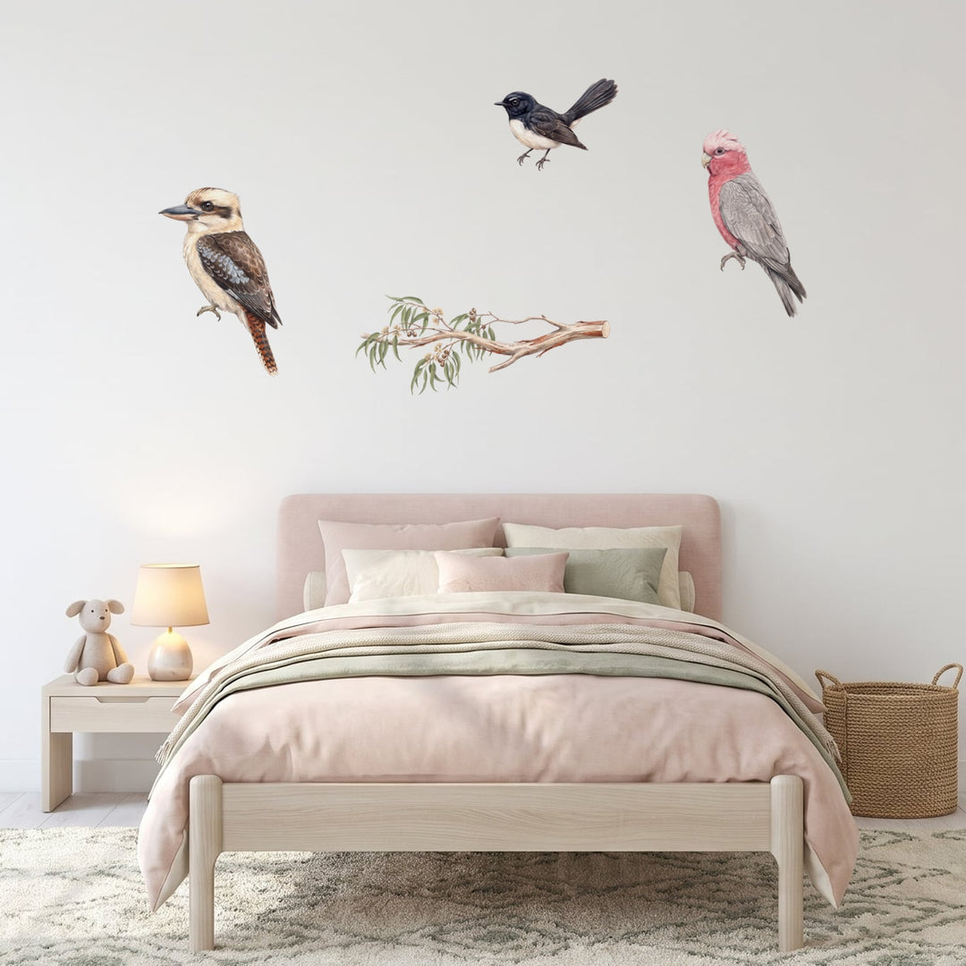 Aussie Birds on a Branch Wall Decals Wall Sticker Decals wall decals on a girl's bedroom wall (Feature Wall (Medium) size)