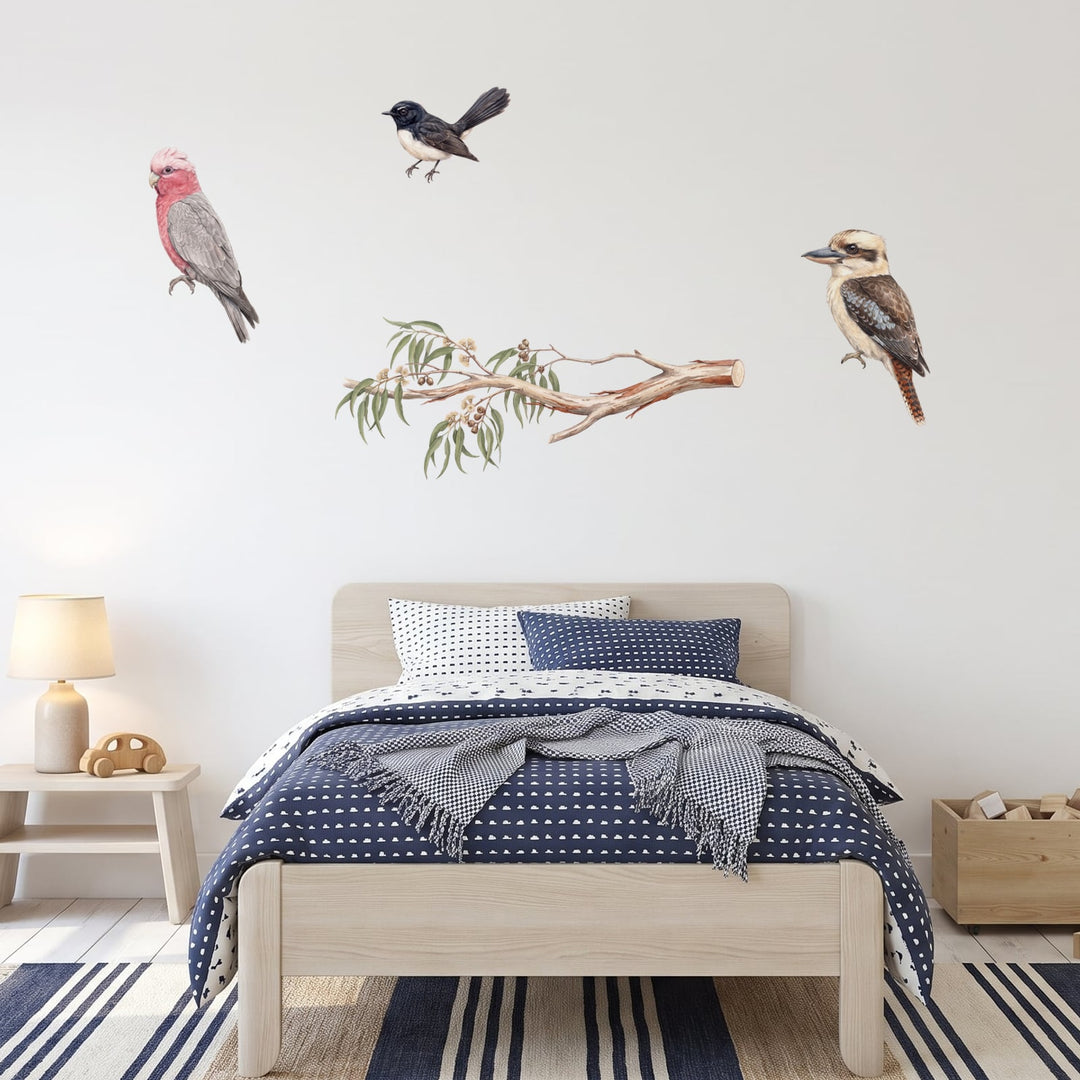 Aussie Birds on a Branch Wall Decals Wall Sticker Decals wall decals on a boy's bedroom wall (Full Room (Large) size)