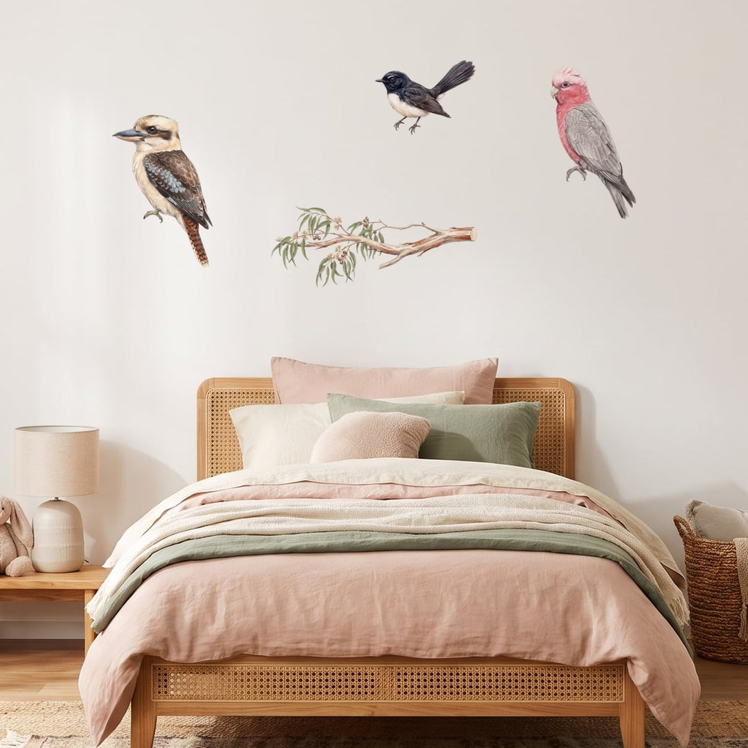 Aussie Birds on a Branch Wall Decals Wall Sticker Decals wall decals on a girl's bedroom wall (Feature Wall (Medium) size)