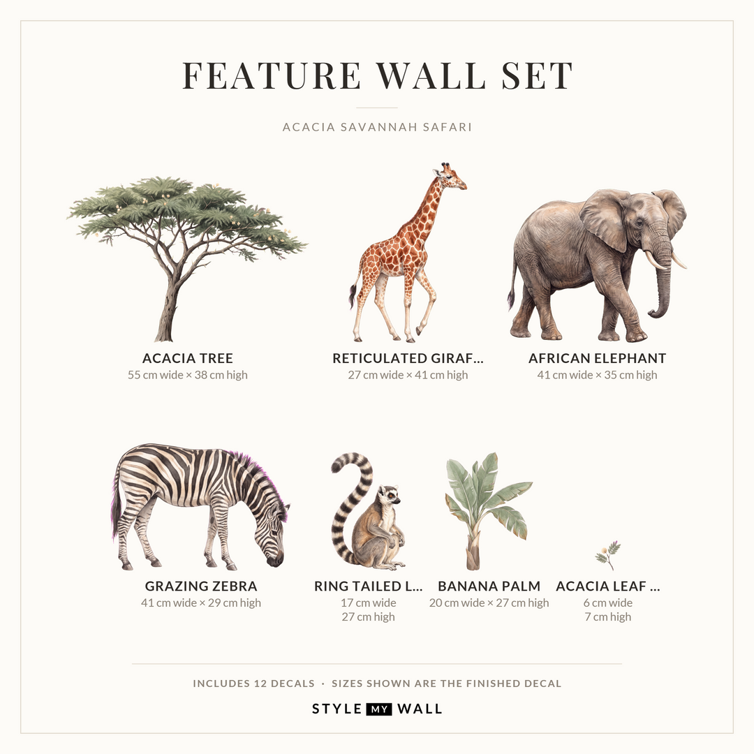Acacia Savannah Safari Wall Decal Set Wall Sticker Decals: Feature Wall Set sizes
