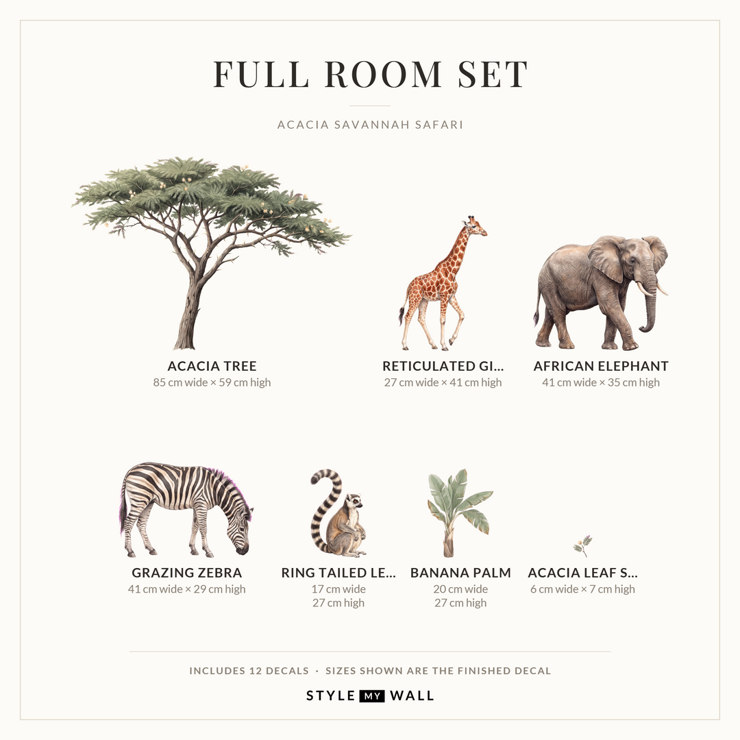 Acacia Savannah Safari Wall Decal Set Wall Sticker Decals: Full Room Set sizes