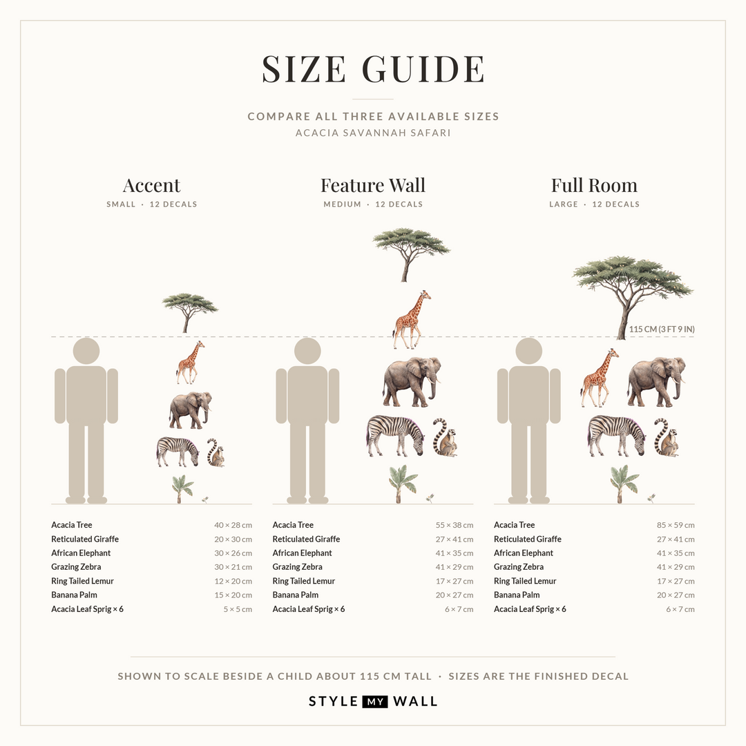 Acacia Savannah Safari Wall Decal Set Wall Sticker Decals: size guide, every size shown to scale beside a child