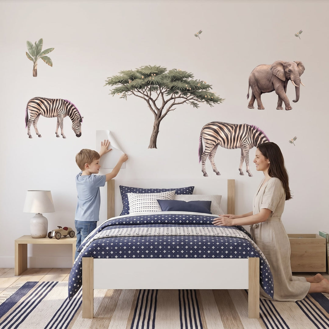 Acacia Savannah Safari Wall Decal Set Wall Sticker Decals wall decals: a boy and his mum putting the decals up in a boy's bedroom