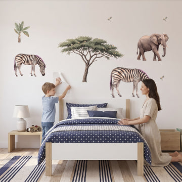 Acacia Savannah Safari Wall Decal Set Wall Sticker Decals wall decals: a boy and his mum putting the decals up in a boy's bedroom