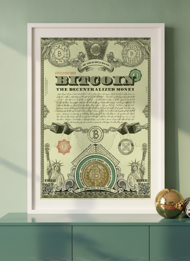 Modern wall art print standing on a sideboard in a colourful eclectic home office