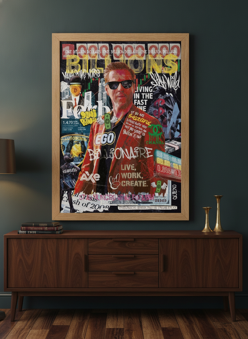 Modern wall art print standing on a sideboard in a moody home office