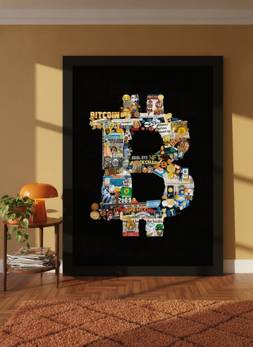 Oversized statement modern wall art print leaning against the wall in a retro 70s living room